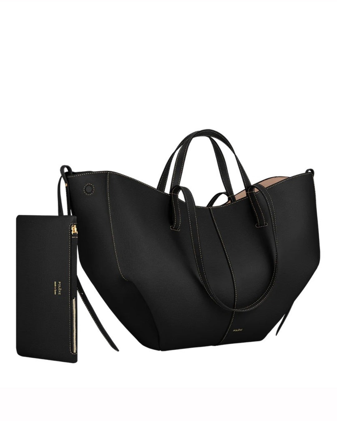 Leder Tote Bag Schwarz mit Ecru-Naht