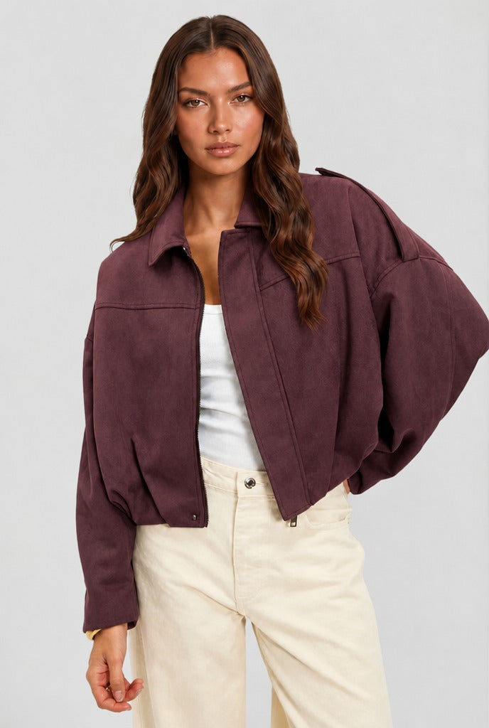 Kurze Oversized-Jacke Damen Weinrot