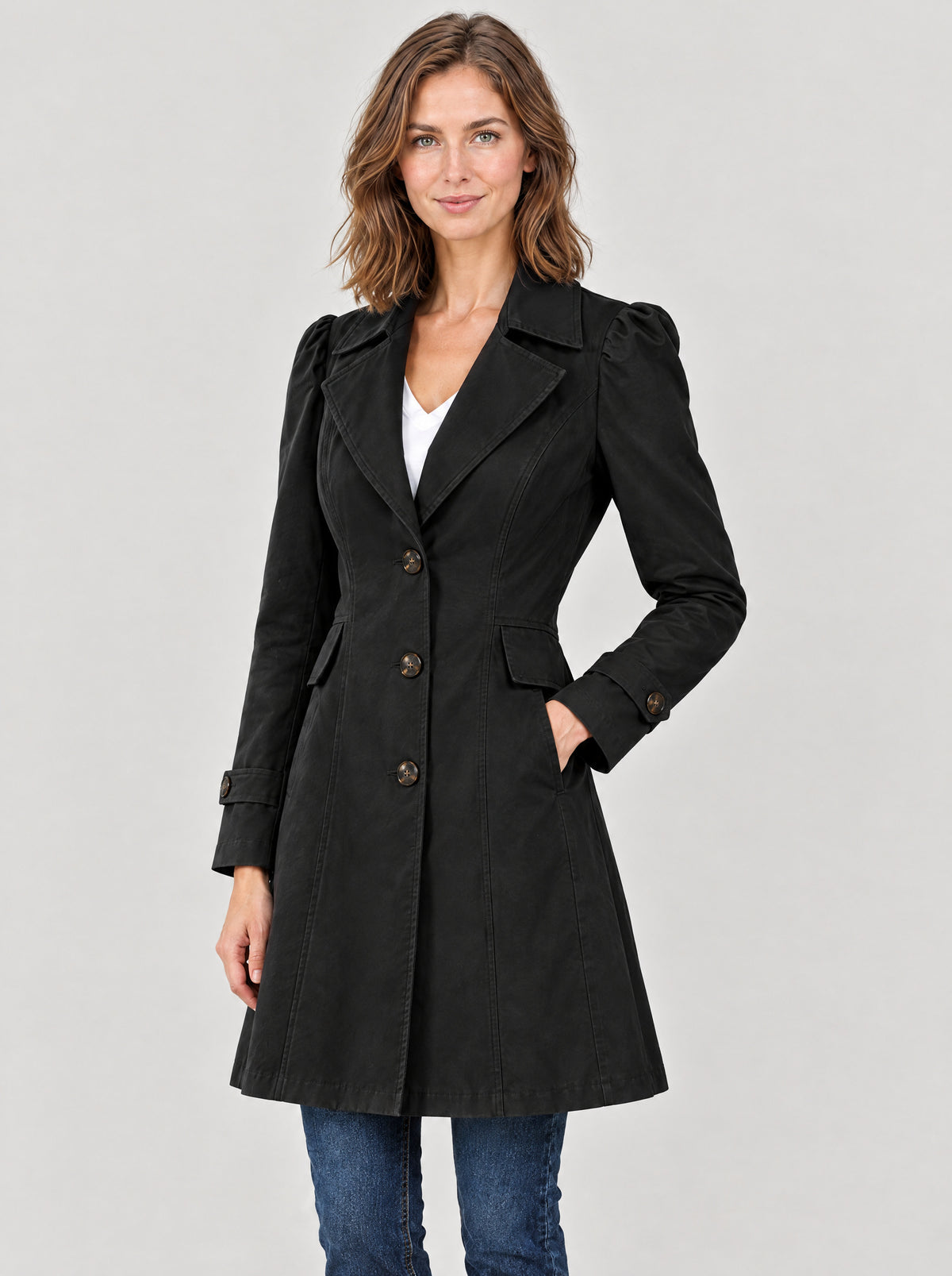 Trenchcoat Damen Schwarz – Dreiviertelansicht