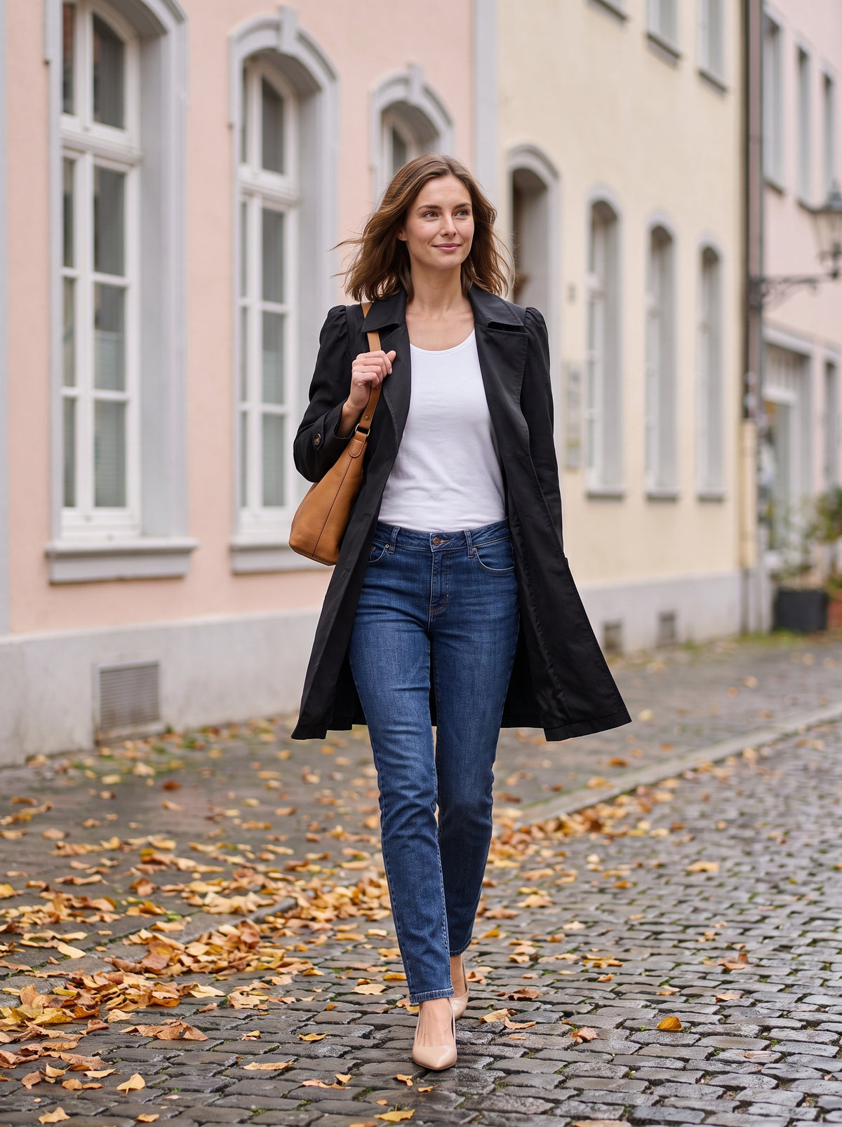 Trenchcoat Damen Schwarz – getragen im Herbst in der Altstadt