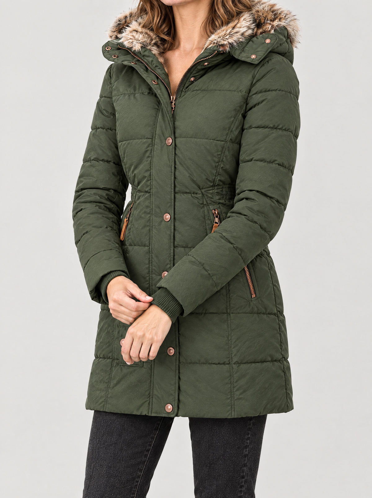 Winterjacke Damen Grün – Dreiviertelansicht seitlich