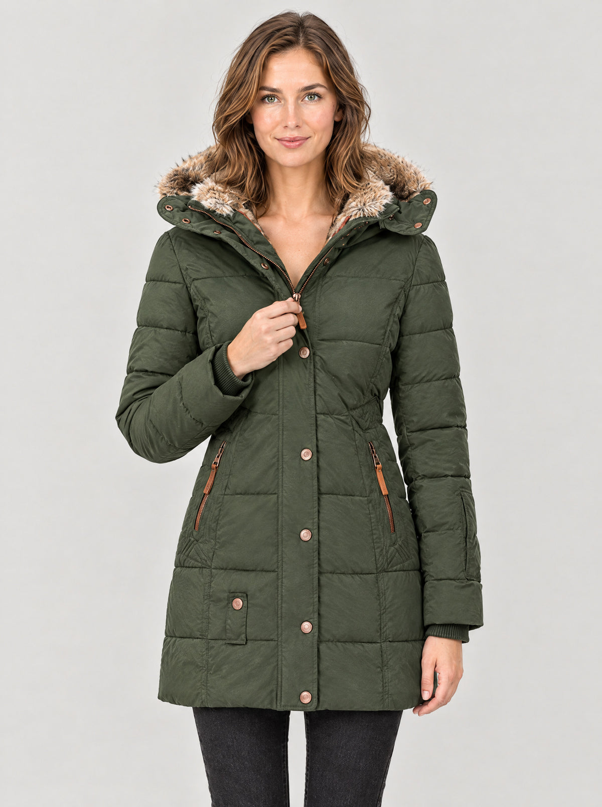 Winterjacke Damen Grün – Vorderansicht offen