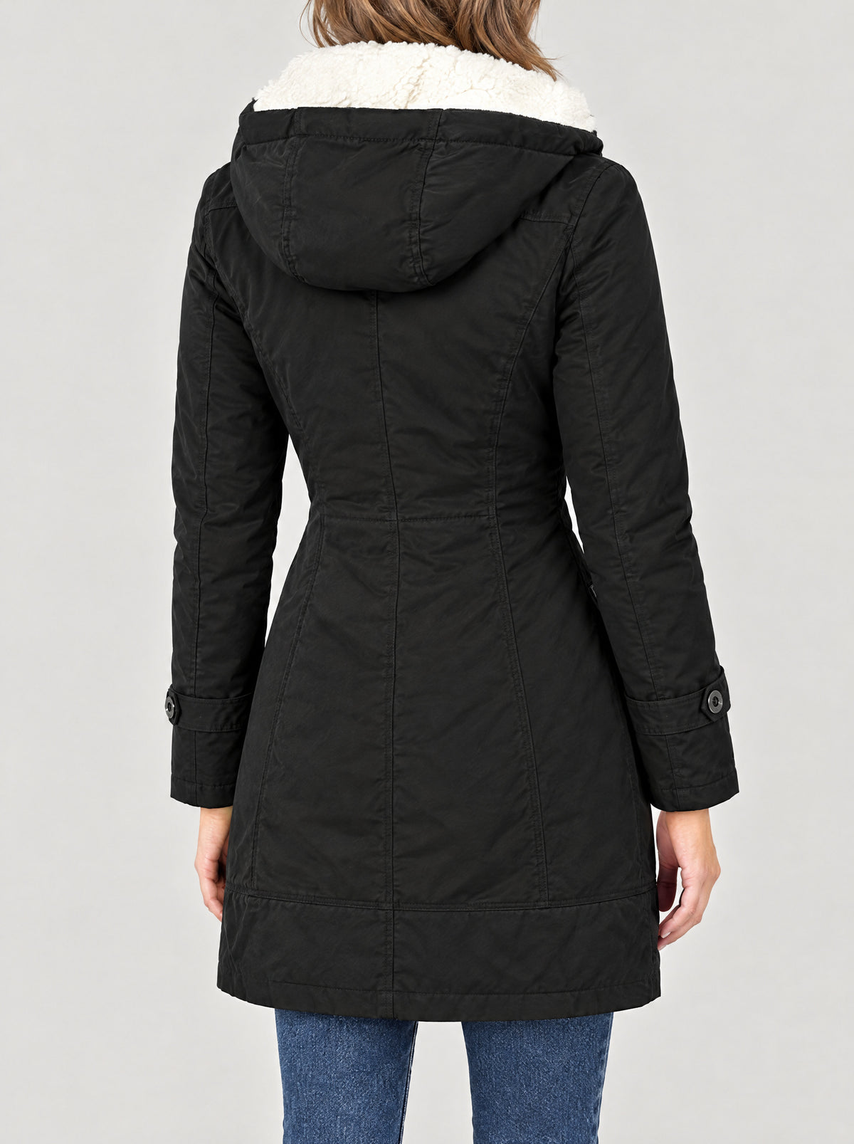 Wintermantel Damen Schwarz – Rückansicht